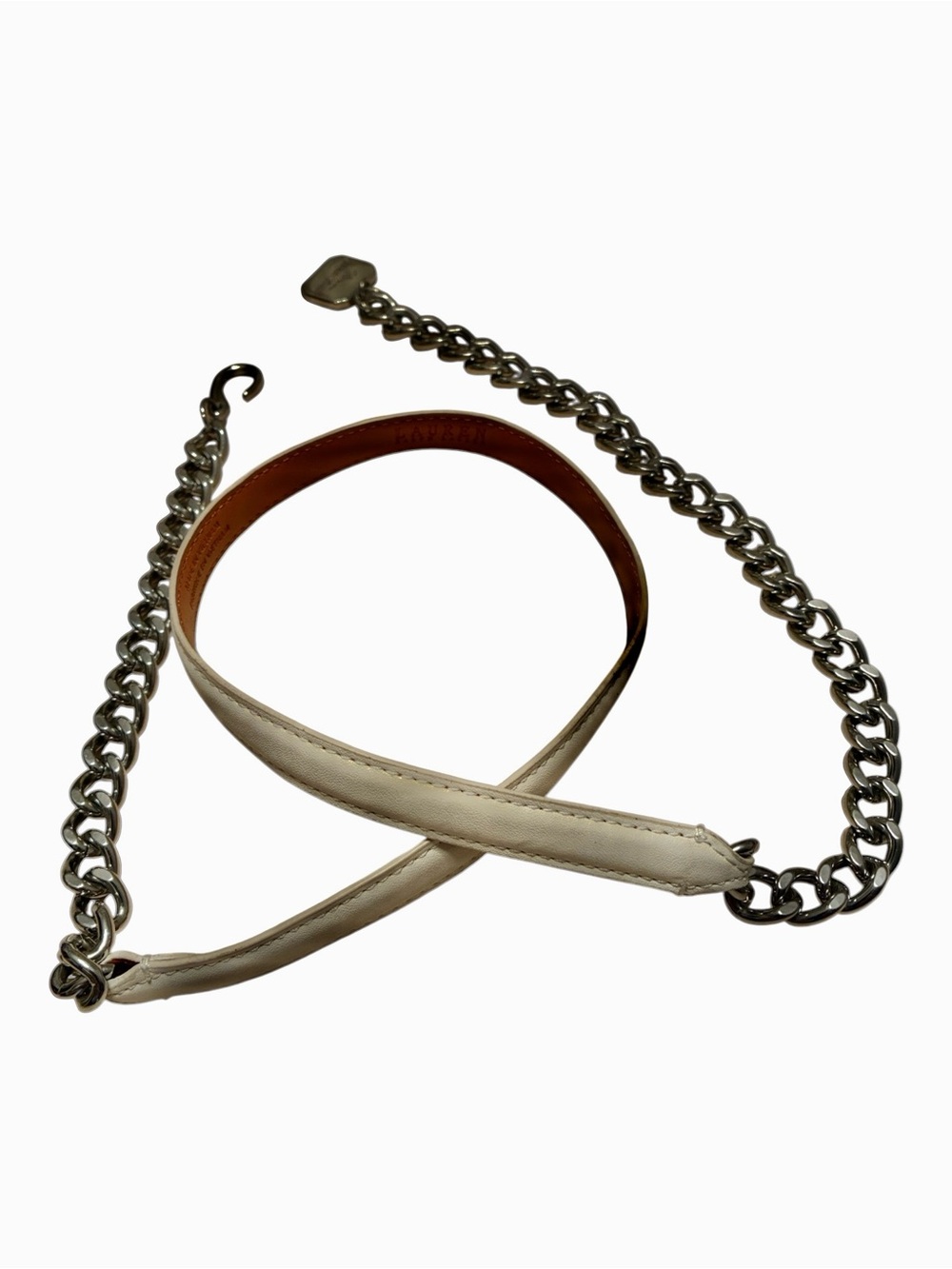 Lauren Ralph Lauren Belt Women S, White Leather Strap, Polished Silver Chain euc